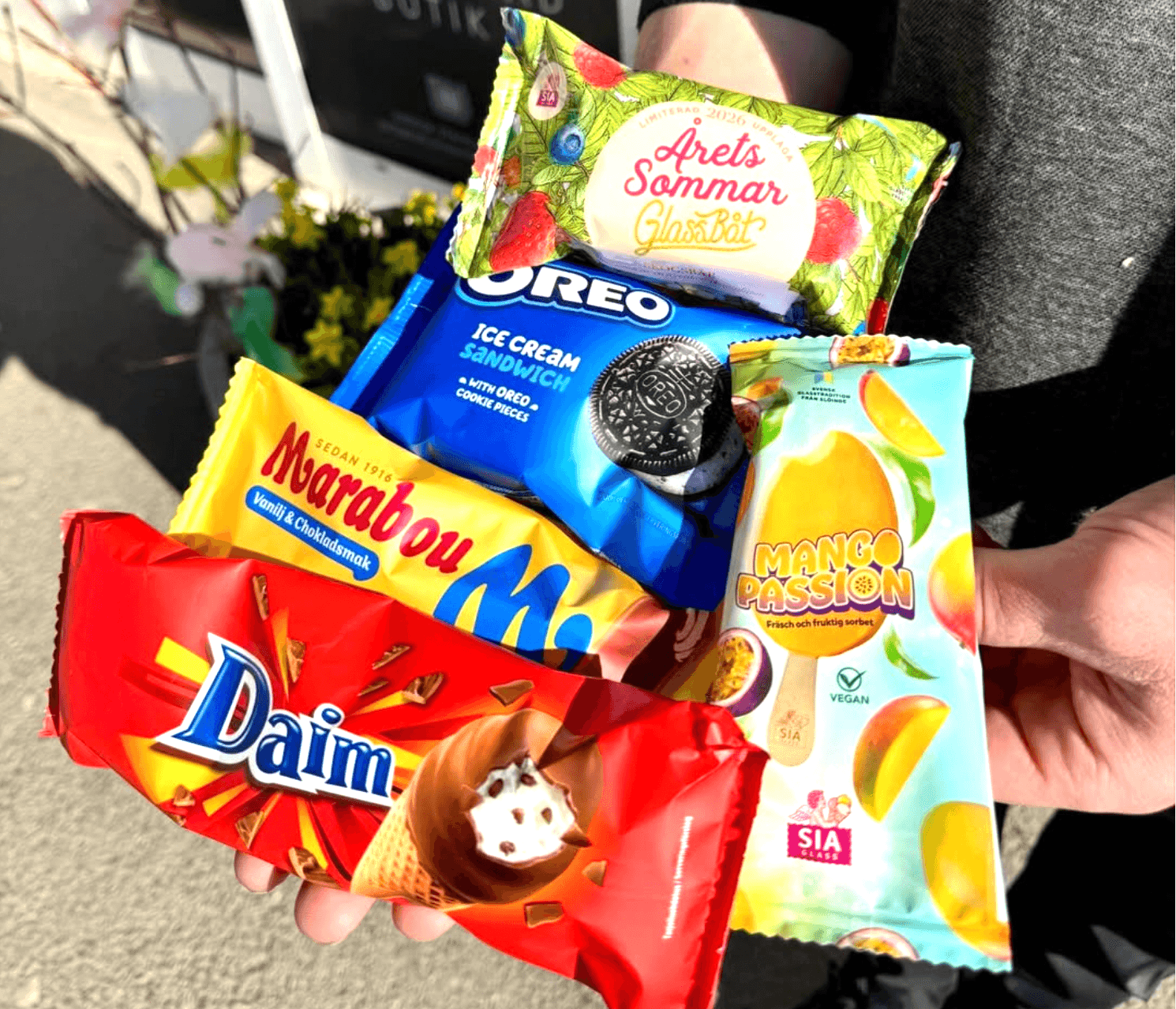 Ice cream packages in the freezer, including Daim