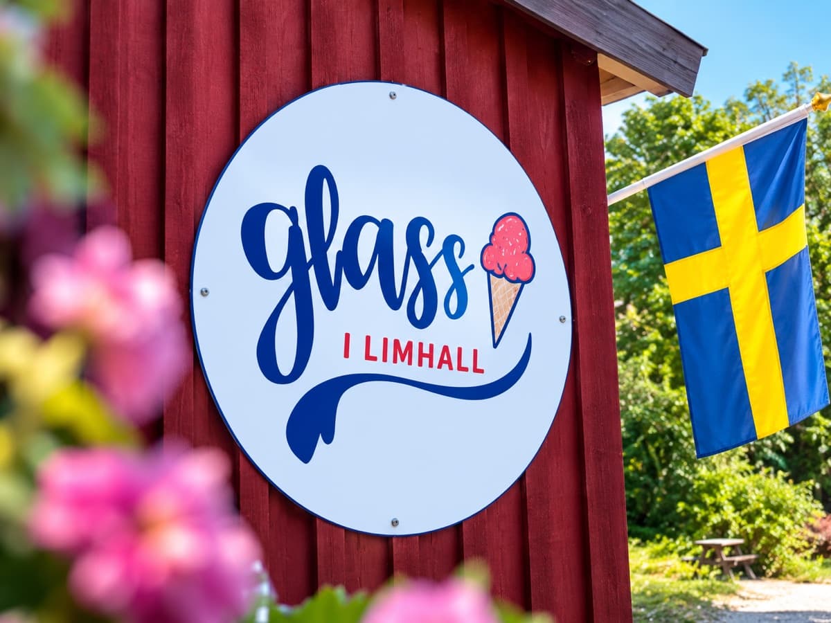 The Glass i Limhall sign on the red shed beside a Swedish flag