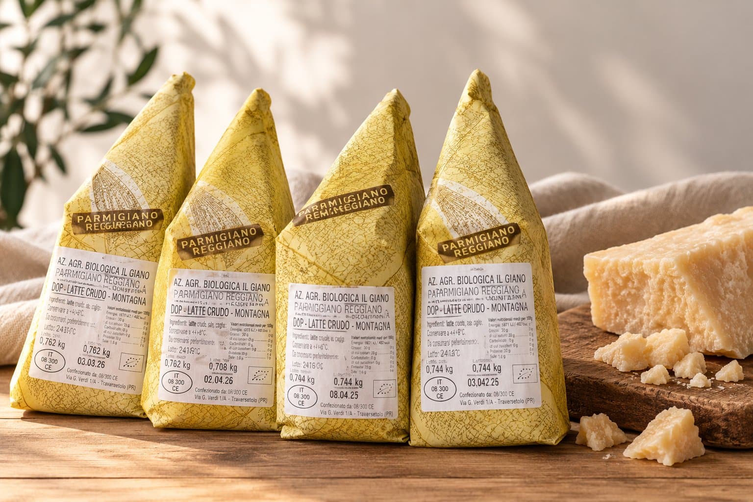 Wrapped pieces of Parmigiano-Reggiano